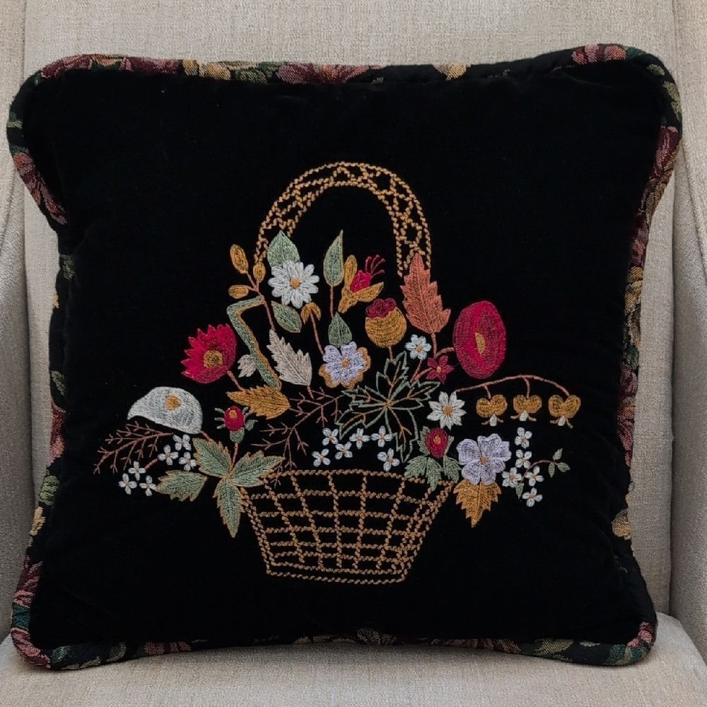 Vintage Black Velvet Floral Embroidered Throw Accent Pillow Floral Tapestry Back